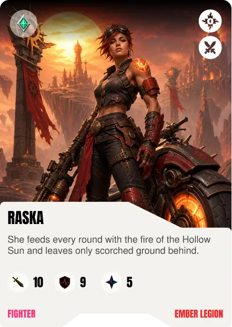 Raska fighter card from the Ember Legion