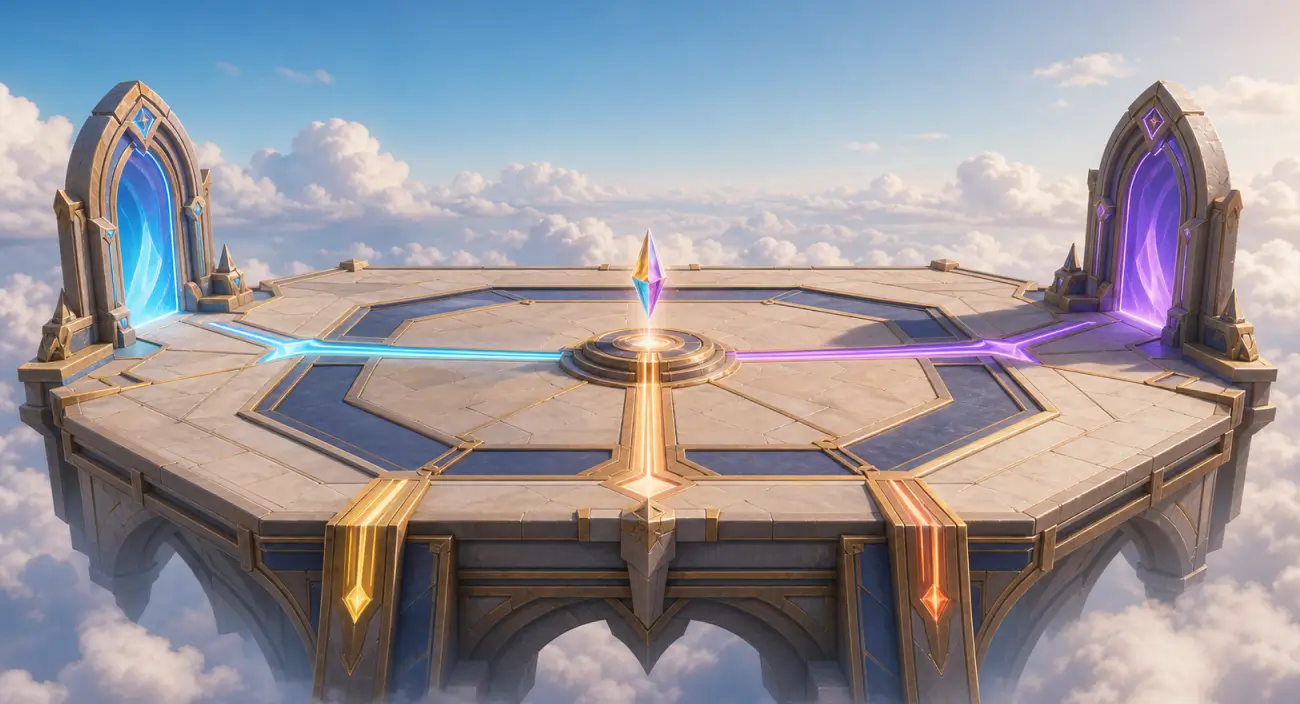 A shattered Rift arena floating above the clouds