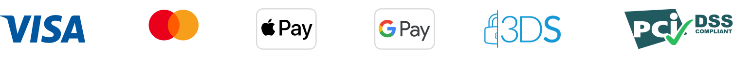 Visa, Mastercard, Apple Pay, Google Pay, 3-D Secure, PCI DSS